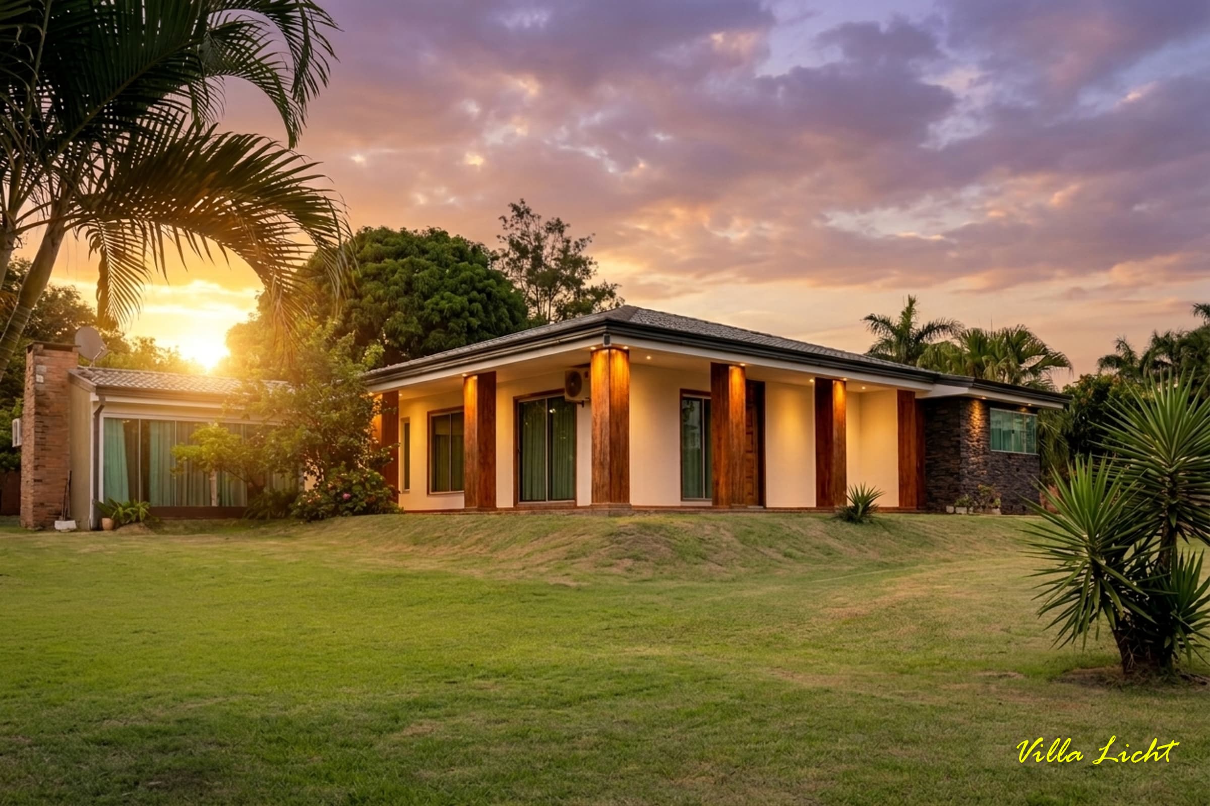 Vista exterior de la fachada iluminada de Villa Licht en Obligado, cerca de Encarnación. Se observa la casa moderna al atardecer, un gran jardín de césped verde de 1200 m² con palmeras y luces cálidas en la terraza bajo un cielo crepuscular en Paraguay.