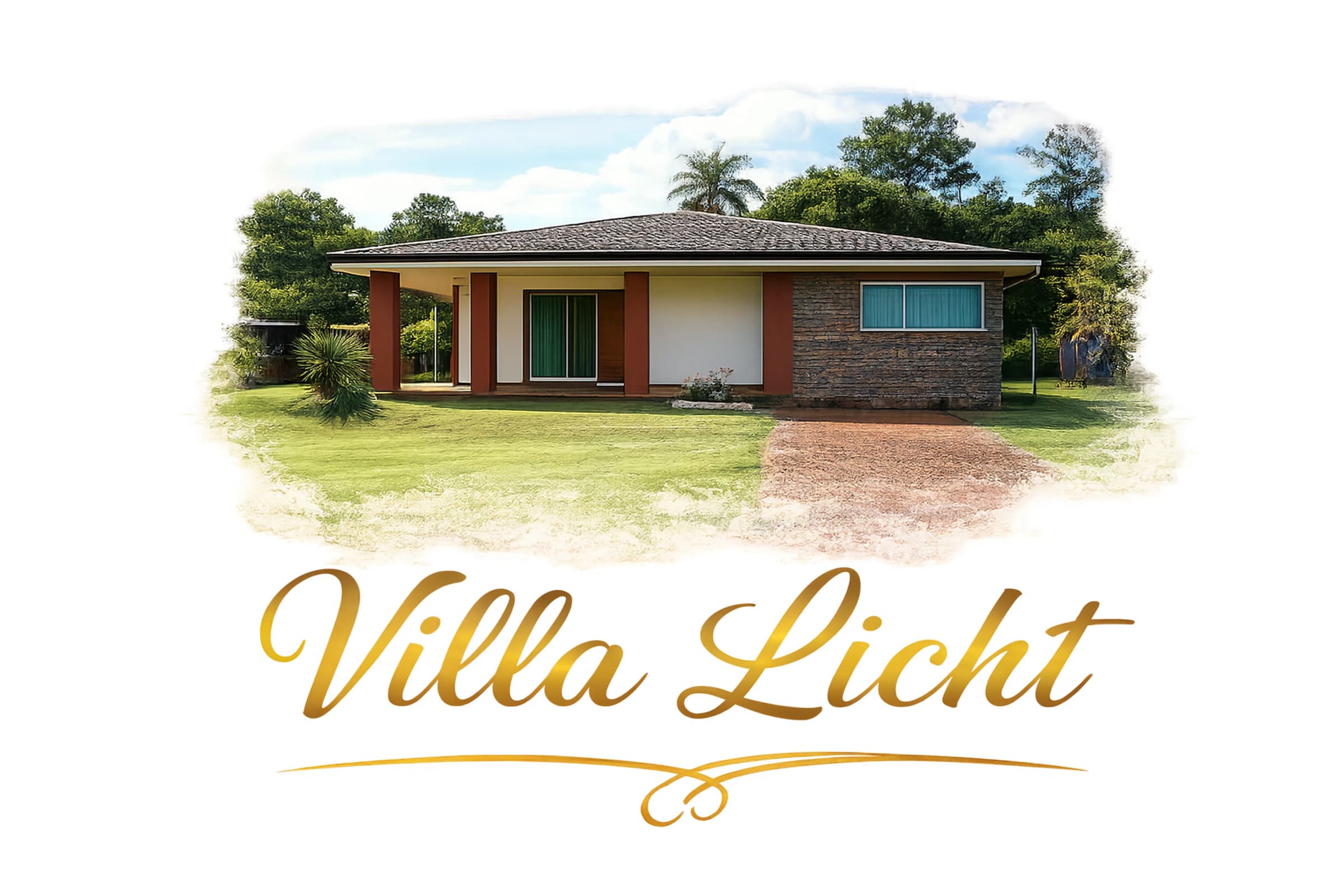 Das elegante Ferienhaus Villa Licht in Paraguay mit moderner Steinfassade, großem grünen Garten und dem goldenen Logo-Schriftzug auf weißem Hintergrund.