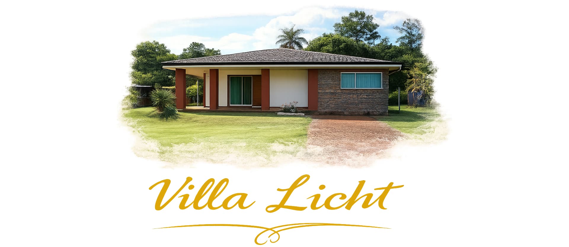 Außenansicht der Villa Licht in Paraguay mit grünem Rasen und klarem Himmel, inklusive goldfarbenem Logo.
